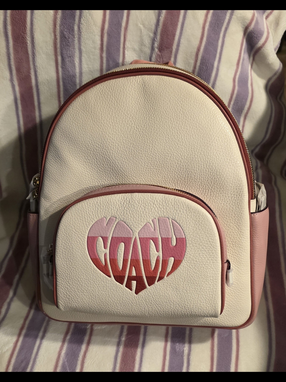 NWT - COACH Pink & White Heart Logo Leather Mini Backpack